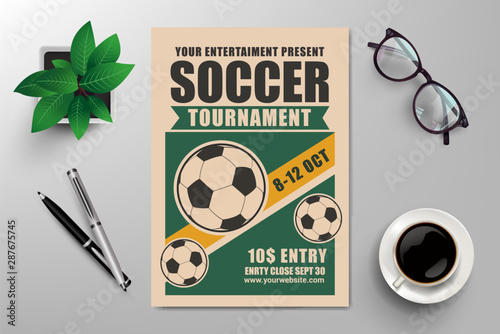 soccer tournament flyer template, simple retro design vector