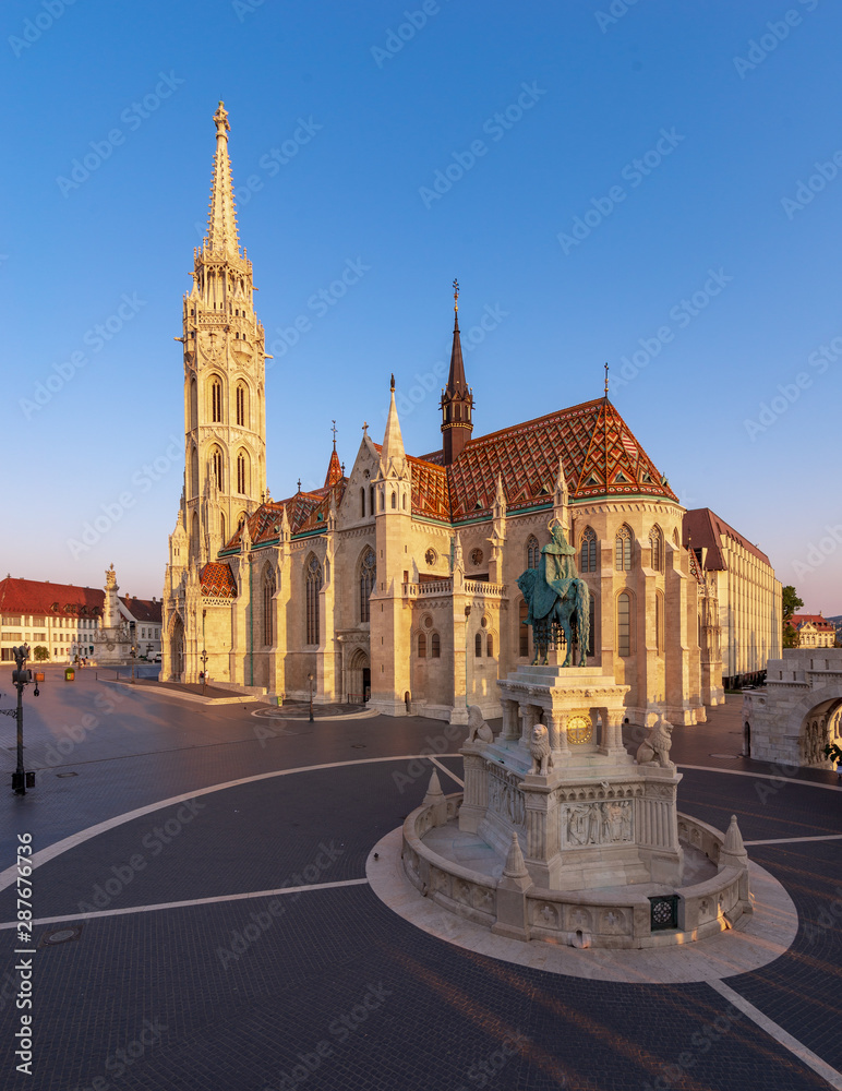 Europe, Budapest Hungary. Matthias Chuch in the Buda castle, St Stephen Statue. 