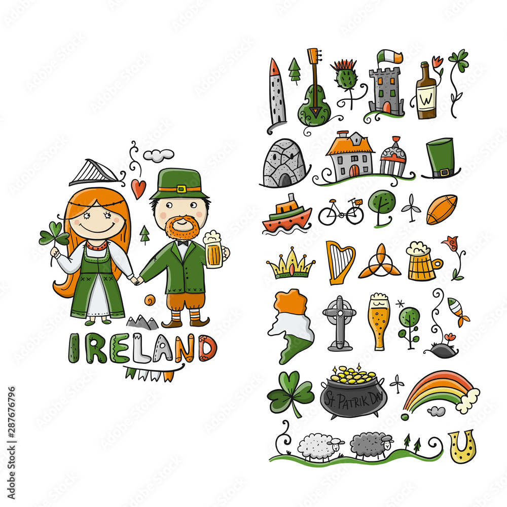 Εκτύπωση καμβά Travel to Ireland. Icons set for your design