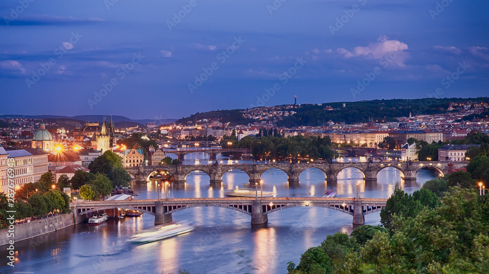 Prague's, all bridges. Night cityscape. 