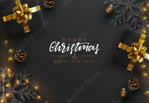 Christmas banner. Background Xmas design of sparkling lights garland, realistic gifts box, black snowflake and glitter gold. Christmas poster, greeting cards, headers, website. Stylish black pattern