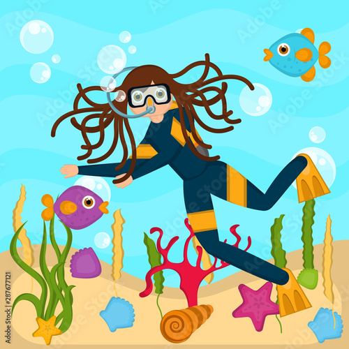 Scuba diver in the bottom of the sea - VEctor