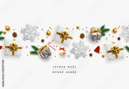 Christmas composition with decorative elements of design. Holiday decoration the border of realistic objects. Xmas greeting card, golden text Merry Christmas and Happy New Year. Vector illustration