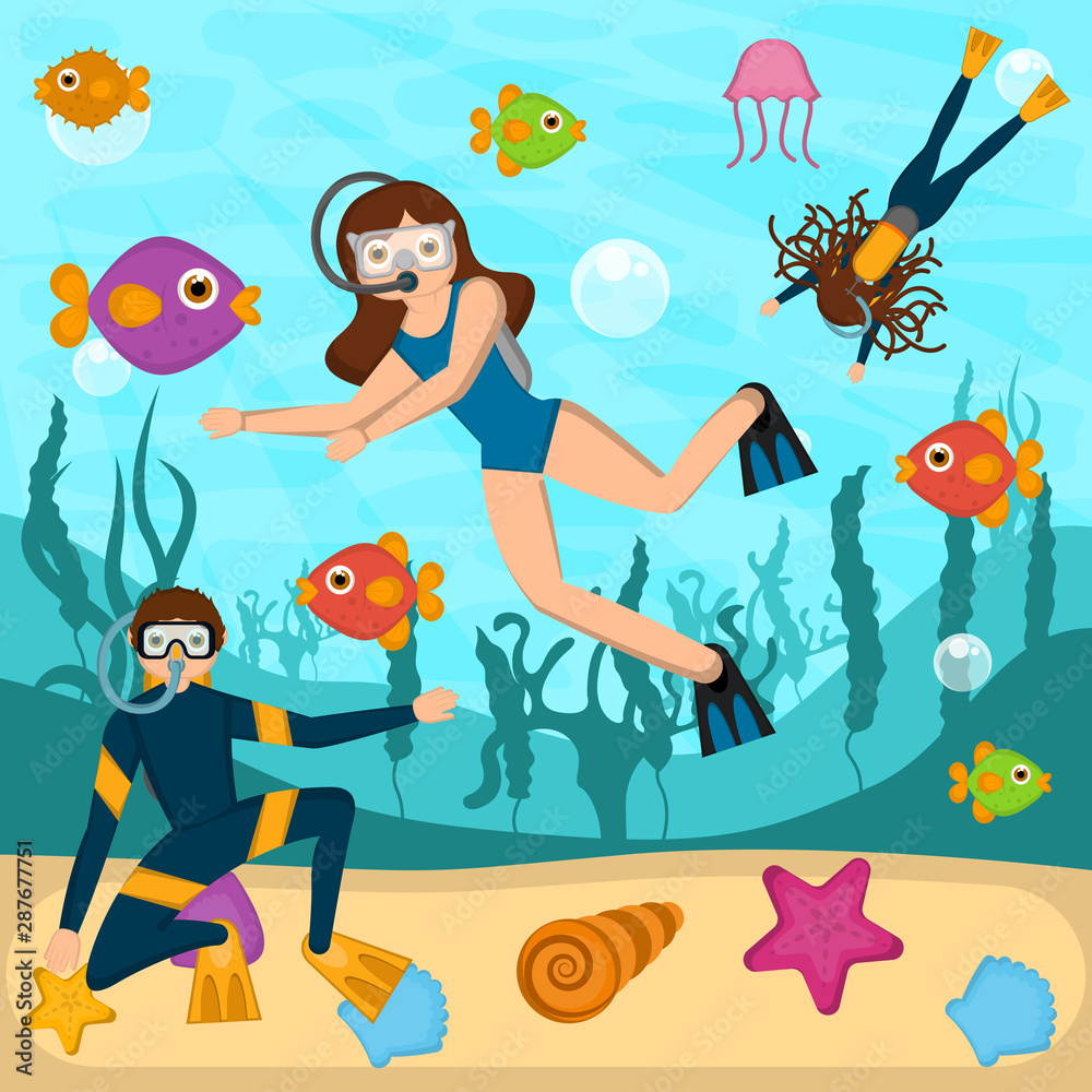 Scuba divers in the bottom of the sea - Vector Scuba divers in the bottom of the sea - Vector
