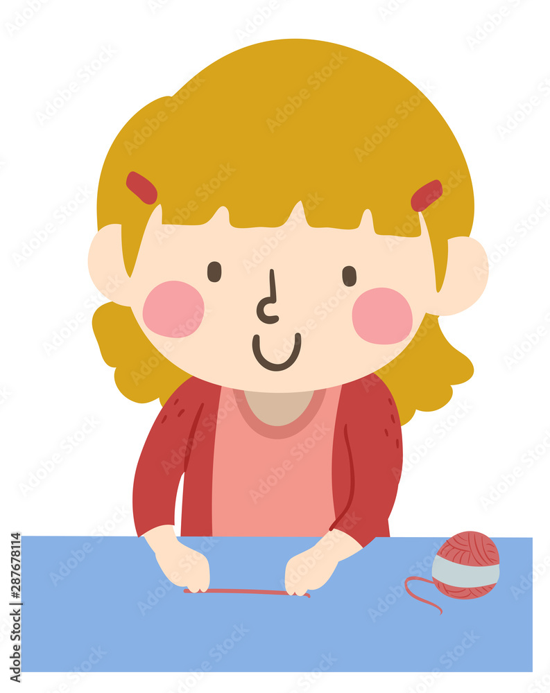 Kid Girl Measure Table Yarn Illustration