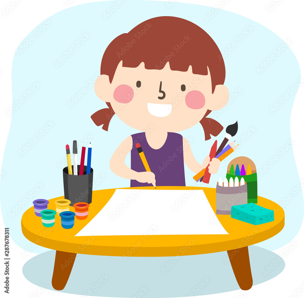 Kid Girl Try Different Art Medium Illustration Kid Girl Try Different Art Medium Illustration
