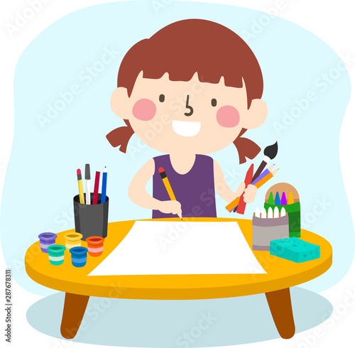 Kid Girl Try Different Art Medium Illustration