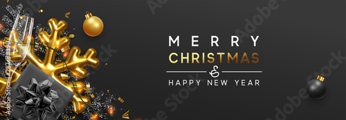 Merry Christmas banner. Background Xmas design of sparkling lights garland, with realistic gifts box, black 3d snowflake and glitter gold confetti. Horizontal christmas greeting cards, header, website