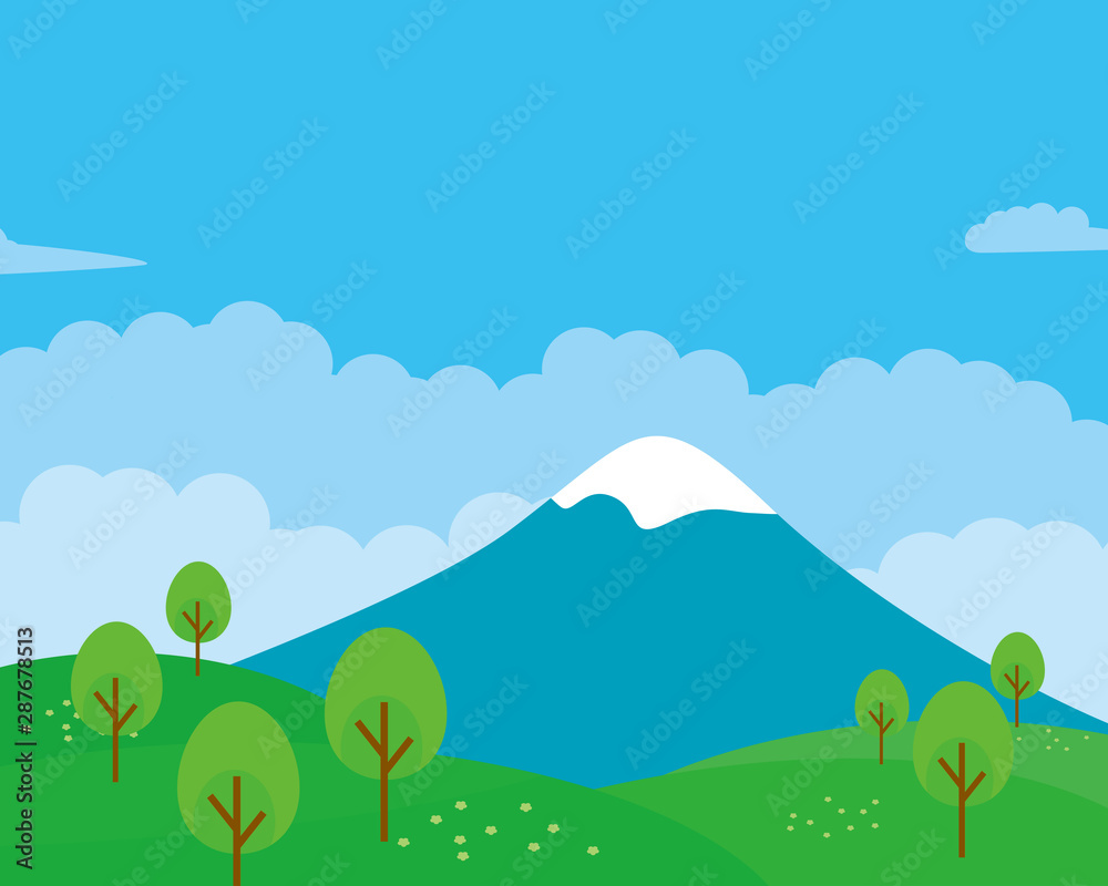 Field vector illustration with clouds, blue sky and trees suitable for background or illustration 