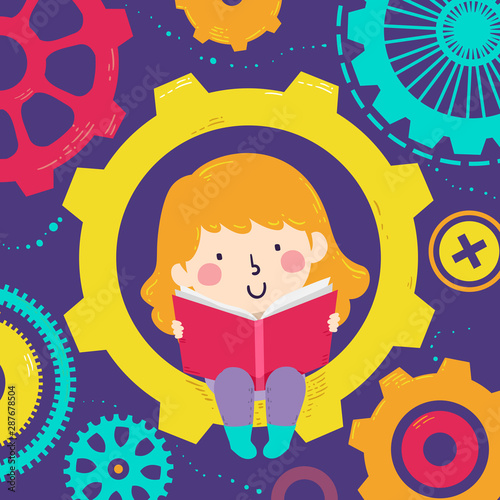 Kid Girl Read Book Gears Il...