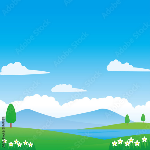 Field vector illustration with clouds, blue sky and trees suitable for background or illustration 