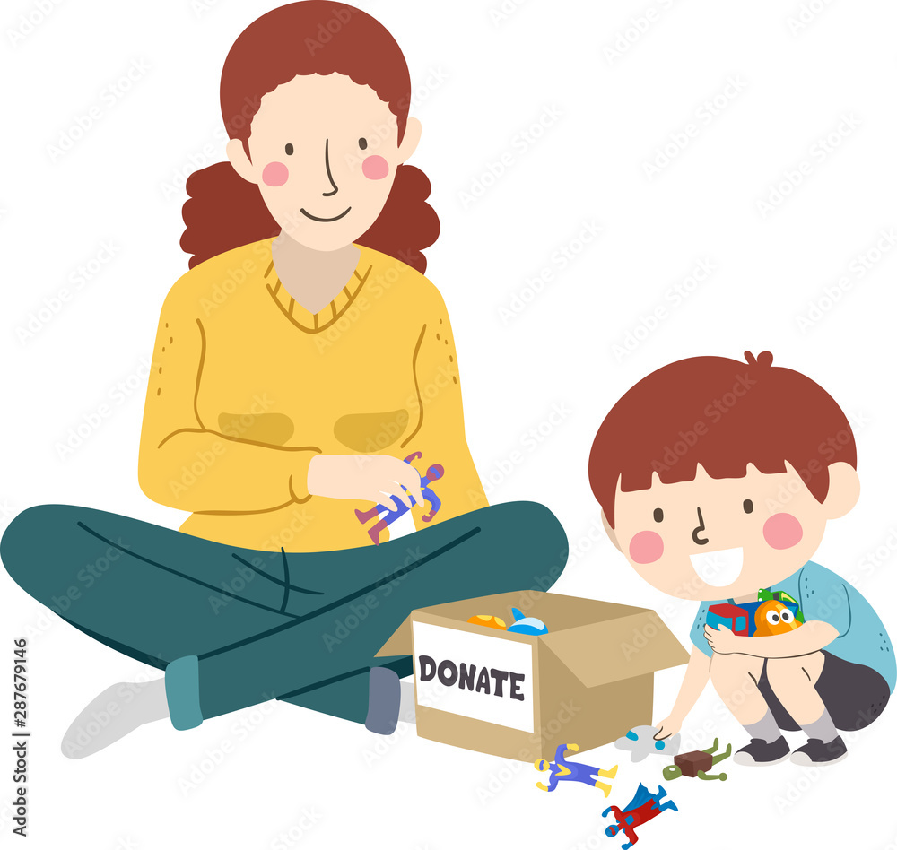 Kid Boy Mother Donate Toys Illustration