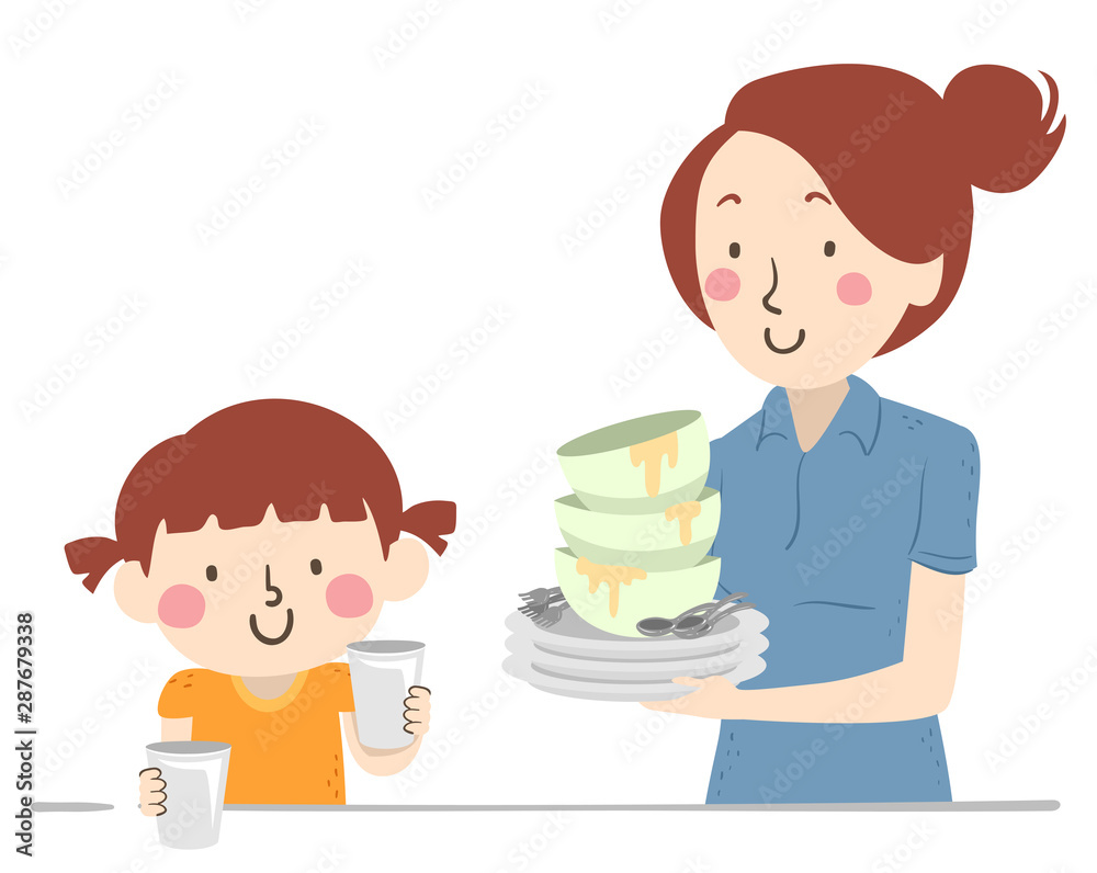 Kid Girl Mom Help Clearing Table Illustration Kid Girl Mom Help Clearing Table Illustration