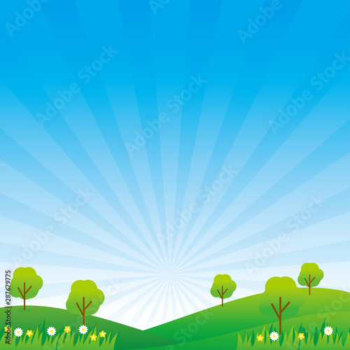 Field vector illustration with clouds  blue sky and trees suitable for background or illustration 