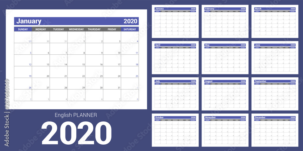 2020 calendar. English planner. Сolor vector template. Week starts on Sunday. Business planning. New year calender. Clean minimal table. Simple design 2020 calendar. English planner. Сolor vector template. Week starts on Sunday. Business planning. New year calender. Clean minimal table. Simple design