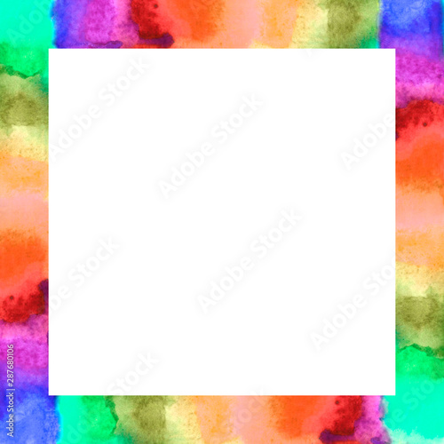 Square bright color rainbow frame made of abstract watercolor spots. For decoration of images, photos. Expresses happiness and joy. It's hand-painted.