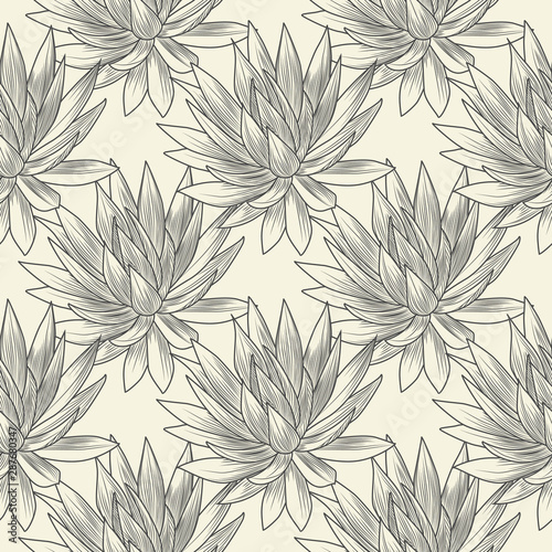 Hand drawn blue agave vector seamless pattern.