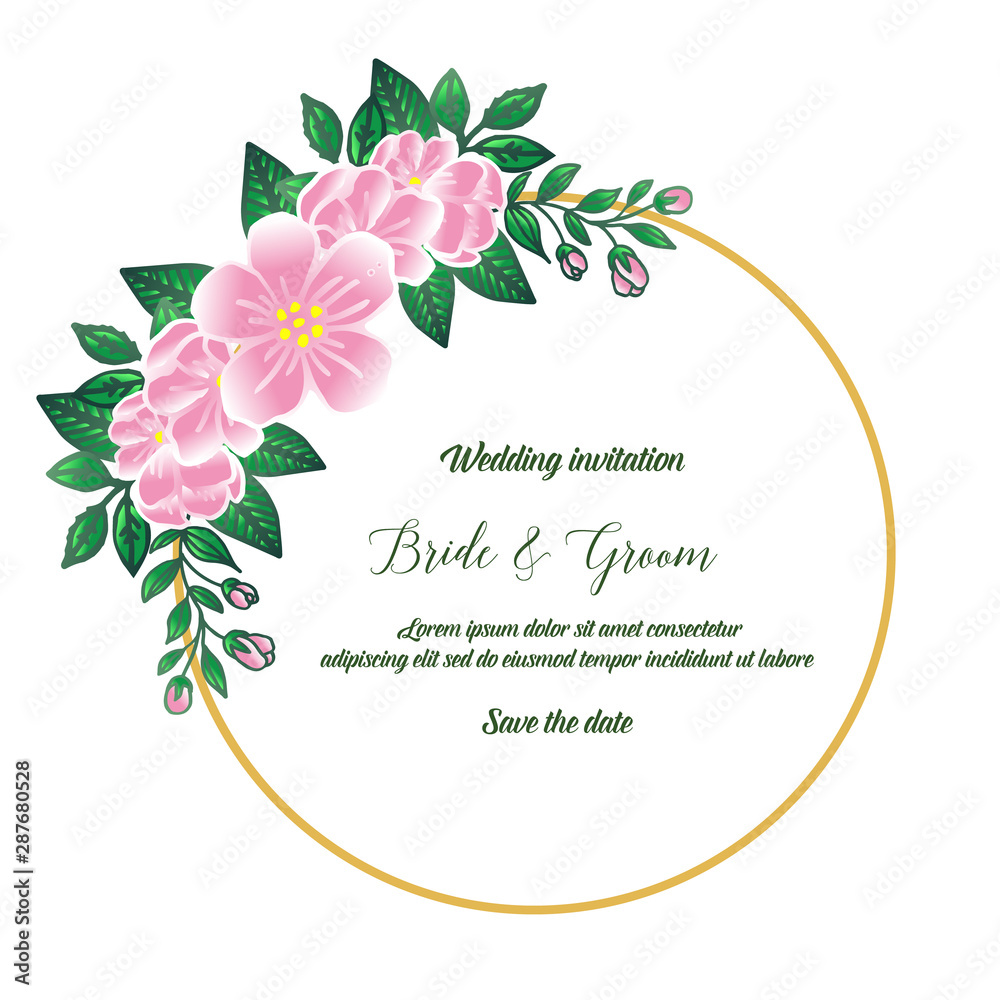 Wallpaper art of pink wreath frame, for wedding decoration text bride and groom. Vector