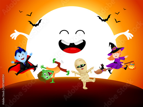 Halloween cartoon character set with moon. witch, count dracula, zombie and mummy. Illustration in moonlight background.