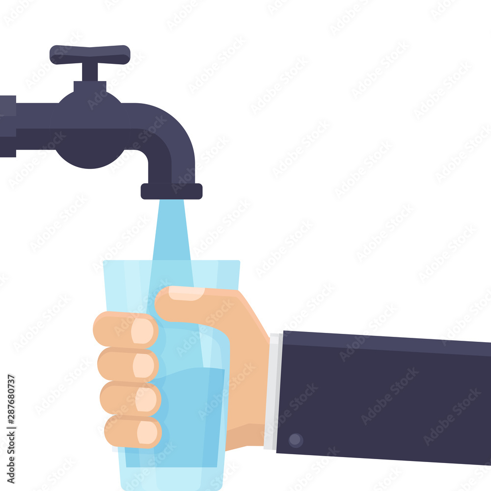 Filling water in a glass through a faucet with white background flat design vector illustration Filling water in a glass through a faucet with white background flat design vector illustration