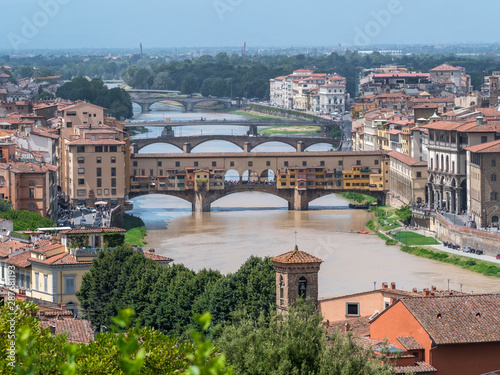 Sunlight view of Florence, Ponte Vecchio, Palazzo Vecchio and Florence Duomo, Italy. Florence architecture and landmark, Florence skyline