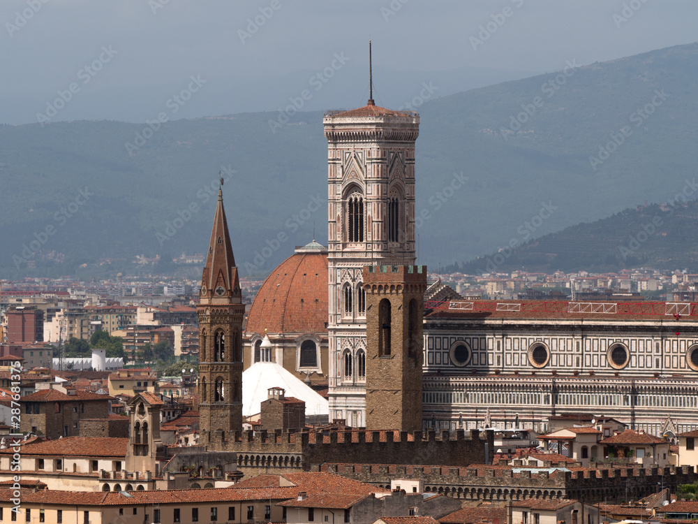 Obraz premium Sunlight view of Florence, Ponte Vecchio, Palazzo Vecchio and Florence Duomo, Italy. Florence architecture and landmark, Florence skyline