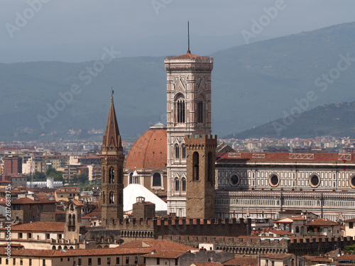Sunlight view of Florence, Ponte Vecchio, Palazzo Vecchio and Florence Duomo, Italy. Florence architecture and landmark, Florence skyline