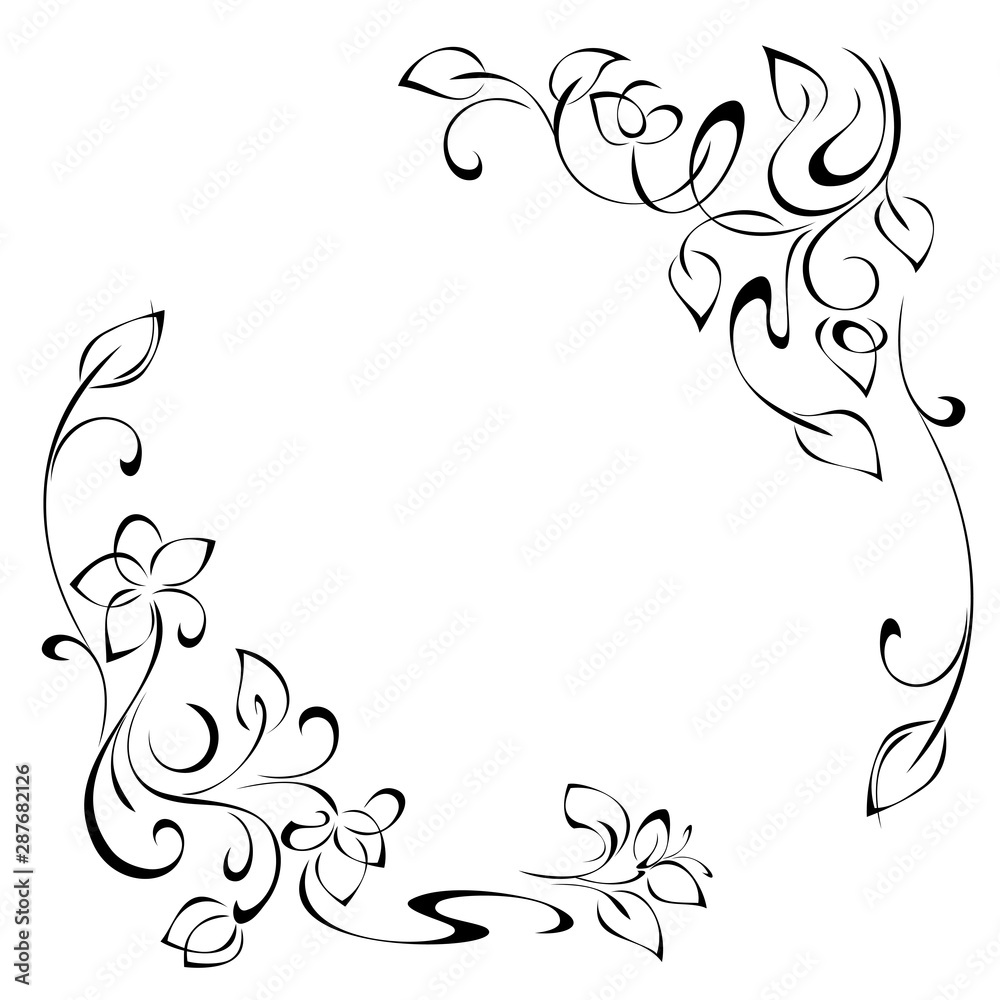 decorative frame with stylized flowers on stems with leaflets and curls in black lines on a white background decorative frame with stylized flowers on stems with leaflets and curls in black lines on a white background