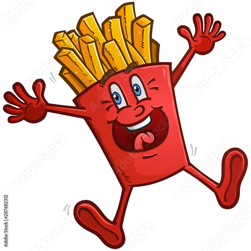 A delicious red box of golden french fries cartoon character dancing with excitement