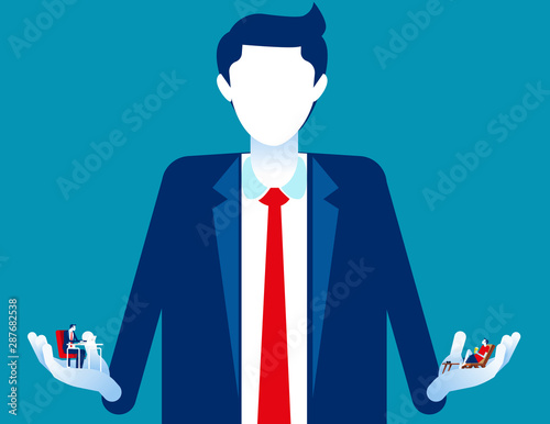 Business person choosing between holiday or working. Concept business balance vector illustration, Decision making, Difficult choice