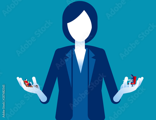 Business person choosing between holiday or working. Concept business balance vector illustration, Decision making, Difficult choice