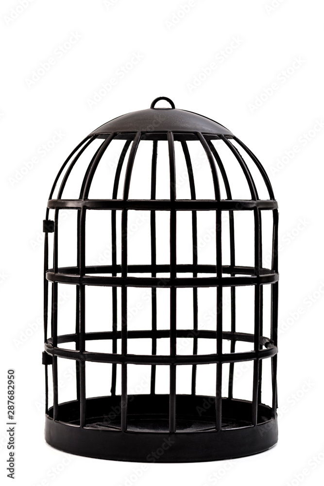 Trapped and captivity conceptual idea with black bird cage isolated on white background and clipping path cutout Trapped and captivity conceptual idea with black bird cage isolated on white background and clipping path cutout