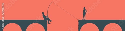 Man fishing the woman. Male and female silhouettes at the gap of the bridge