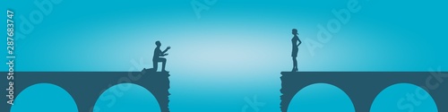 Silhouette of man in prayer pose. A man asks a woman to return to him. Male and female silhouettes at the gap of the bridge