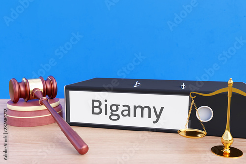 Bigamy – Folder with labeling, gavel and libra – law, judgement, lawyer photo