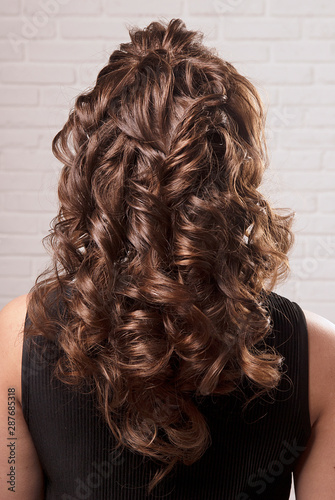 Female hairstyle short curls on the head of a brown-haired woman back view model.