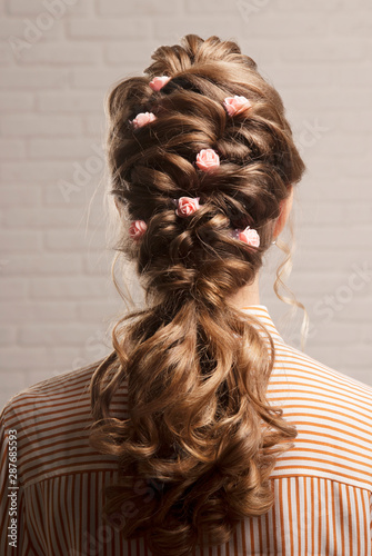 Female hairstyle Greek braid with rosebuds on the head of a brunette. Rear view.