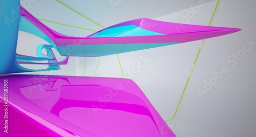 Abstract dynamic interior with colored gradient smooth objects. 3D illustration and rendering