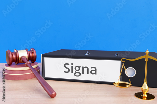 Signa – Folder with labeling, gavel and libra – law, judgement, lawyer