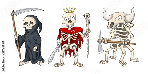 Vector Halloween set with cute creepy skeletons. Hand drawn cartoon characters
