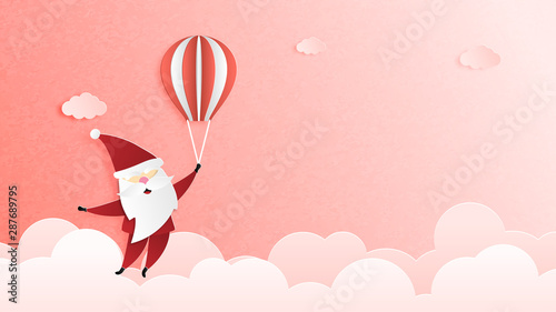Christ celebration background with Santa Claus hang on hot air balloon in pink clouds and sky in paper cut style. Vector illustration design for backdrop, wallpaper, banner, sale advertising display.