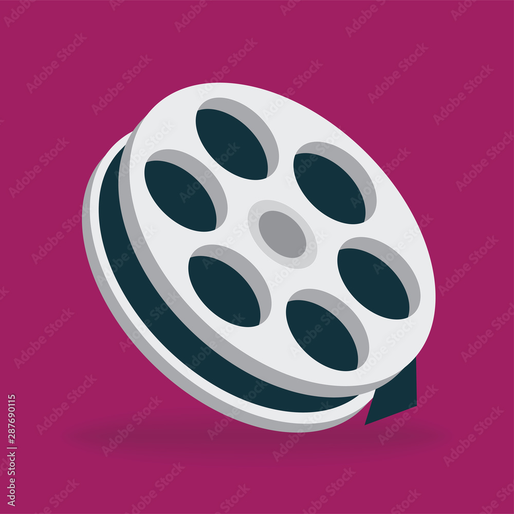 Film reel and twisted cinema tape. Movie film reel isometric vector illustration. Part of set. 