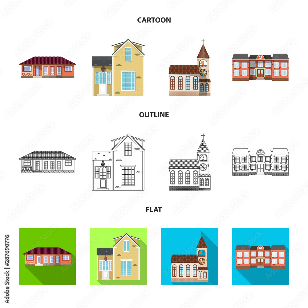 Vector illustration of building and front symbol. Collection of building and roof stock vector illustration.