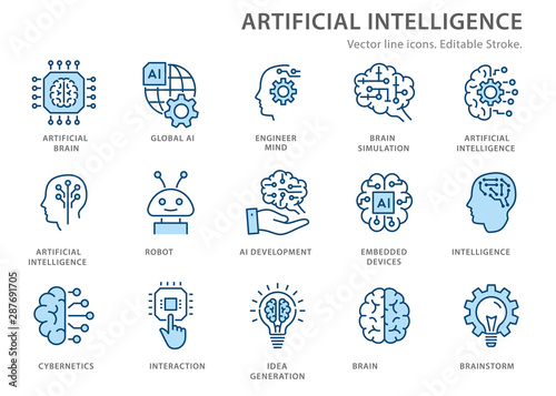 Artificial intelligence line icons set. Vector illustration. Editable stroke.