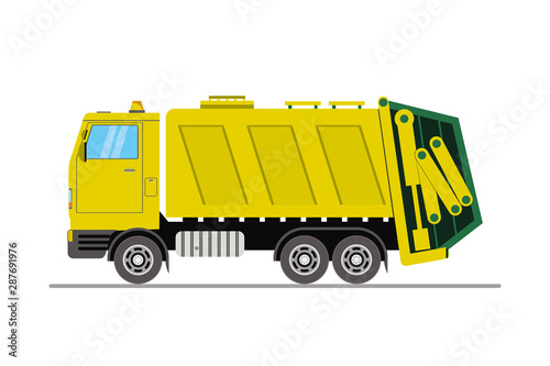 Yellow garbage truck side view, cartoon vehicle isolated on white background