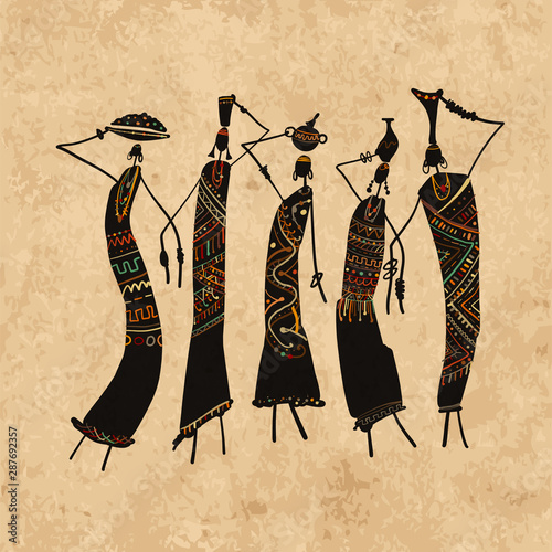 African women with jugs, ornate sketch for your design on grunge background