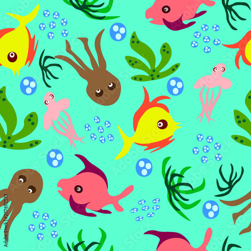 Ocean wild life seamless print pattern.