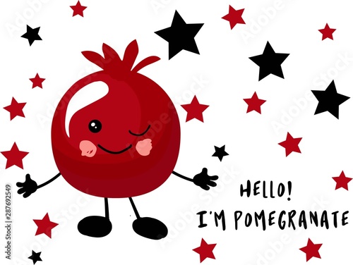 Cute kawaii character. pomegranate fruit . Tropical fruits. Children's cards for learning. Healthy food.