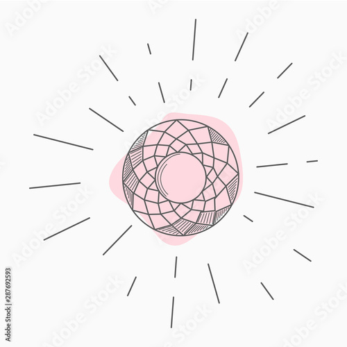 black and white simple line art symbol of diamond with rays around