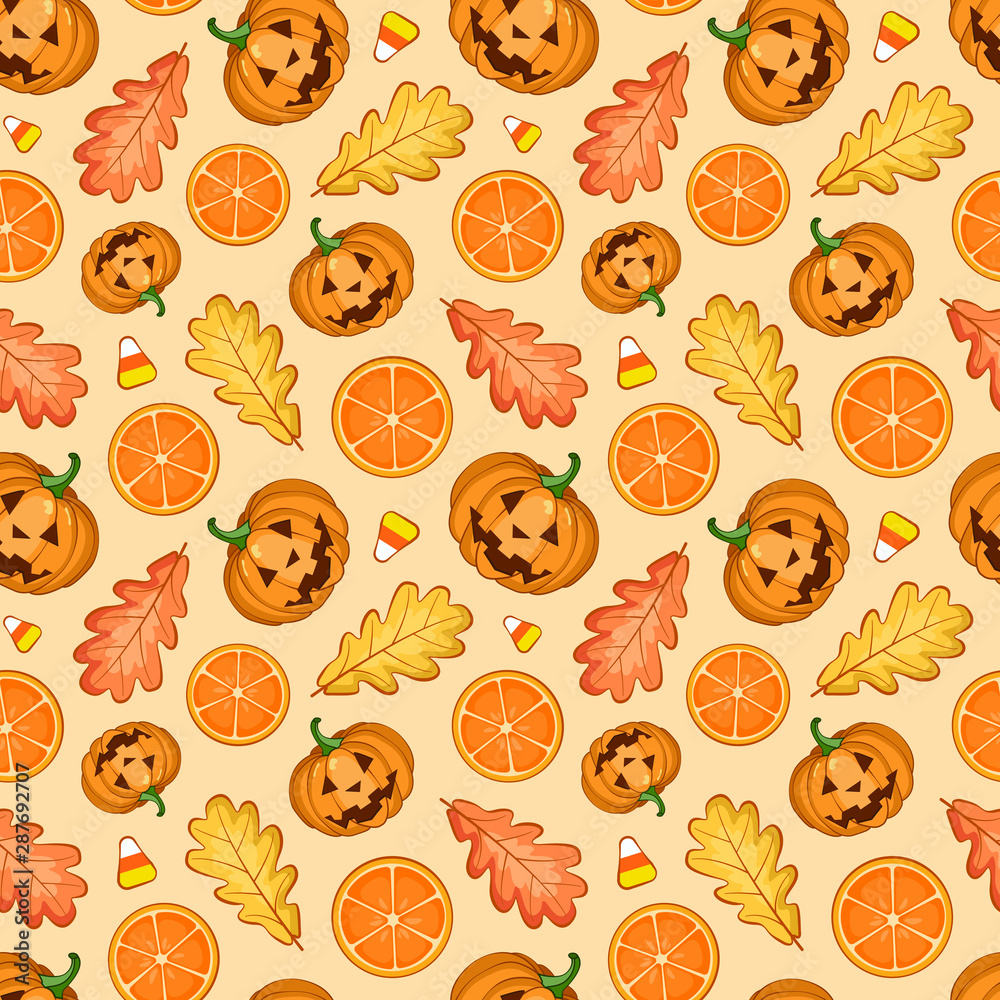 Seamless halloween pattern with scary pumpkins, oak leaves and slices of oranges for fabric, wallpaper, textile, greeting card, gift box, web design. Seamless halloween pattern with scary pumpkins, oak leaves and slices of oranges for fabric, wallpaper, textile, greeting card, gift box, web design.